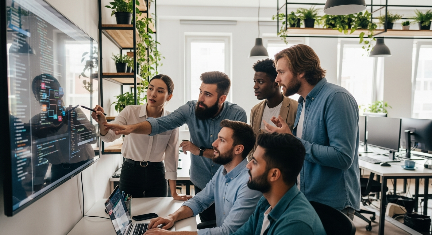A team collaborating around a workspace